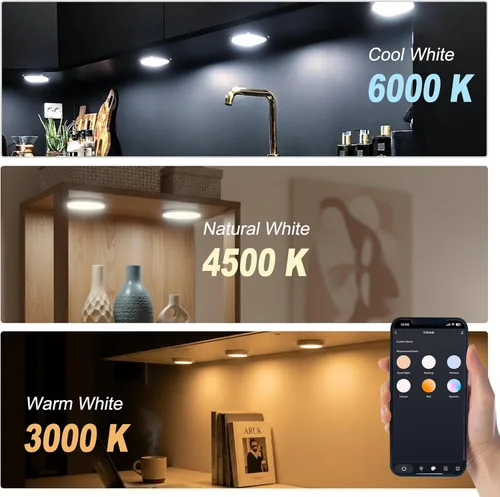 Vista 7 de Cefrank Smart Puck Lights - Paquete de 6 luces WiFi debajo del gabinete regulables 2700K-6000K LED Closet Shelf Display Gun Safe Jewelry Case