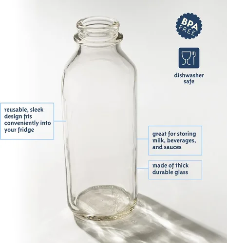 Vista 7 de kitchentoolz Botellas de leche cuadradas de vidrio de 32 onzas con tapas, recipiente de leche de vidrio perfecto para refrigerador, jarras de 1
