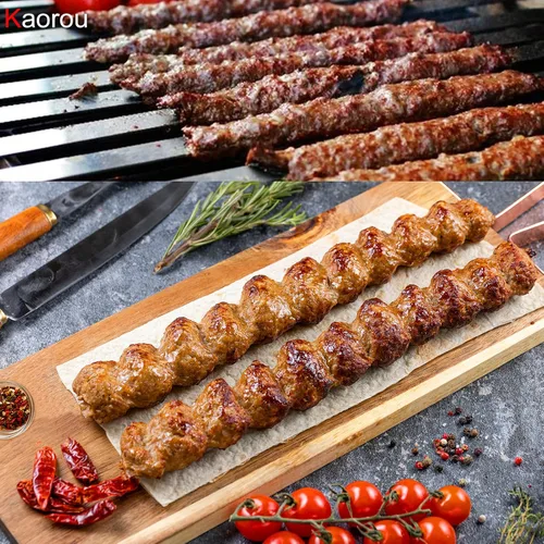 Vista 2 de Kabob - Brochetas de 23 pulgadas de largo, 6/8 pulgadas de ancho de acero inoxidable resistente con mango de madera, perfectas para Koobideh Kebab