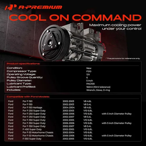 Vista 2 de A-Premium Compresor de aire acondicionado con embrague compatible con Ford F-150 2002-2003, F-250 F-350 F-450 F-550 Super Duty, 4.6L 5.4L 6.8L
