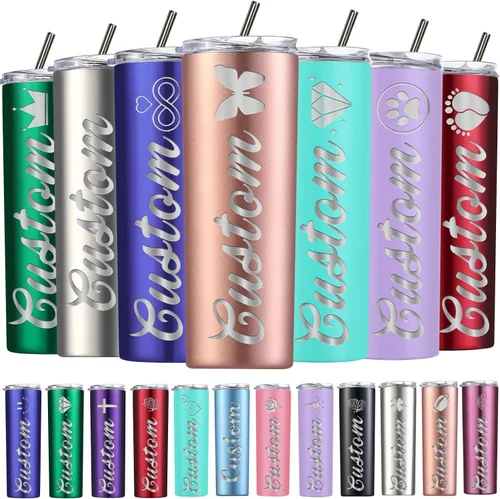 Vista 19 de Vasos delgados personalizados con tapas y pajitas, vaso delgado de acero inoxidable grabado con láser, vasos personalizados con nombre de 20 onzas