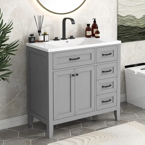 Vista 7 de Runboll Armario de tocador de baño de 36 x 18 pulgadas con parte superior del fregadero, juego de lavabo de baño con cajón y 3 agujeros para grifo