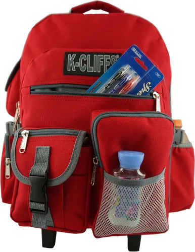Vista 4 de K-Cliffs Mochila con ruedas mochila escolar con ruedas mochila con múltiples bolsillos color rojo