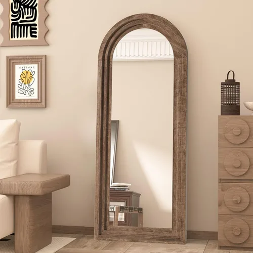 Vista 5 de Espejo de 65x24 Pulgadas con Marco de Madera Arqueado - Acabado Desgastado para Pared/Piso, Sala de Estar, Dormitorio, Entrada (Café)