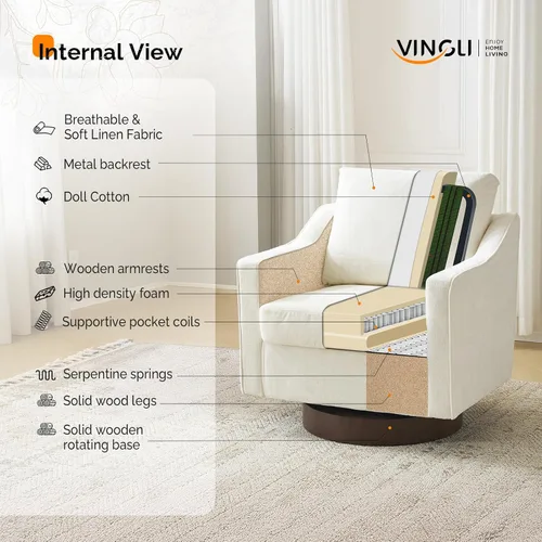 Vista 6 de VINGLI Silla giratoria moderna de estilo mitad de siglo, sillón tapizado 360°, sofá para el hogar con brazos de seguimiento para sala de estar