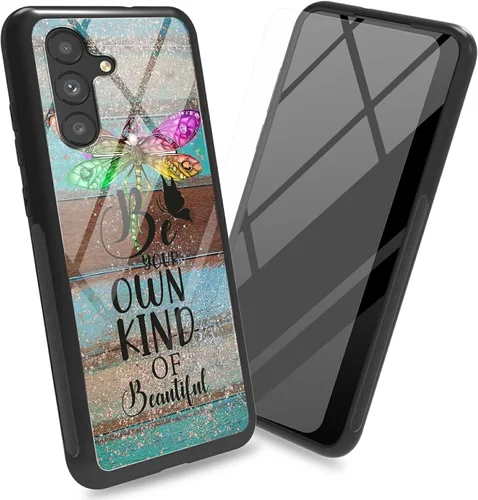 Vista 21 de Funda para Samsung Galaxy A13 5G con protector de pantalla, cubierta trasera de vidrio templado, diseño de flores de gato negro, marco de Flores