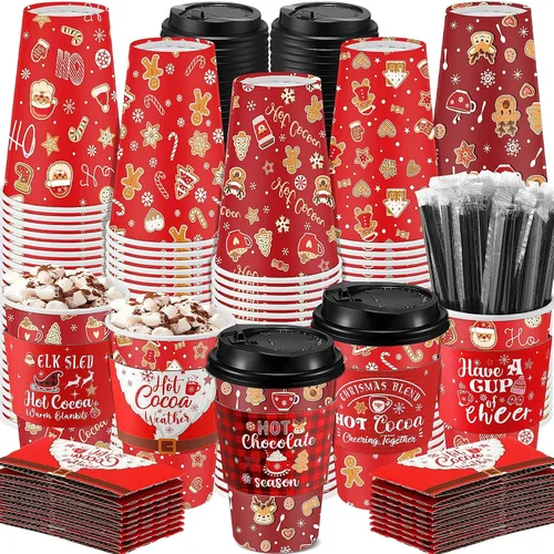Vista 10 de Ziliny 100 juegos de tazas de papel de Navidad con manga y tapa con pajita, tazas de chocolate caliente y cacao para fiestas de Navidad, suministros