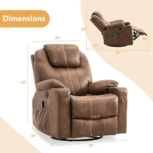 Vista 3 de Silla reclinable giratoria – Mecedora manual mecedora con masaje térmico ergonómico con 4 bolsillos, portavasos, puertos USB, control remoto (marrón)