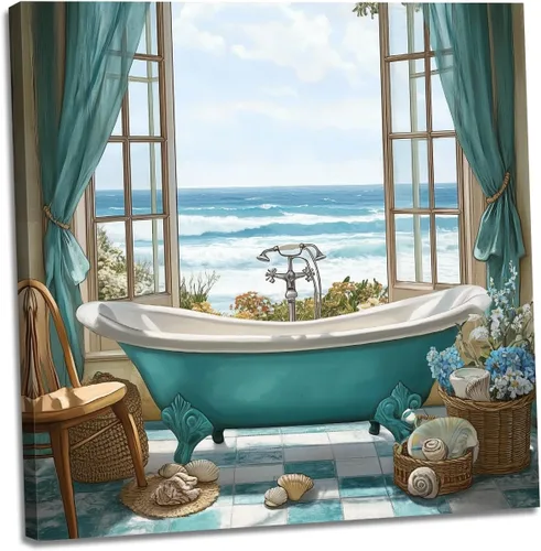 Vista 7 de ZHOUWALLPIC Cuadro decorativo de pared para baño, impresiones en lienzo azul para bañera, pintura de baño de granja, obra de arte para decoración