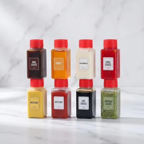 Vista 7 de PRETYZOOM 100 mini botellas de condimentos, recipientes pequeños para salsas, paquetes de condimentos con botellas pequeñas de 0.2 onzas
