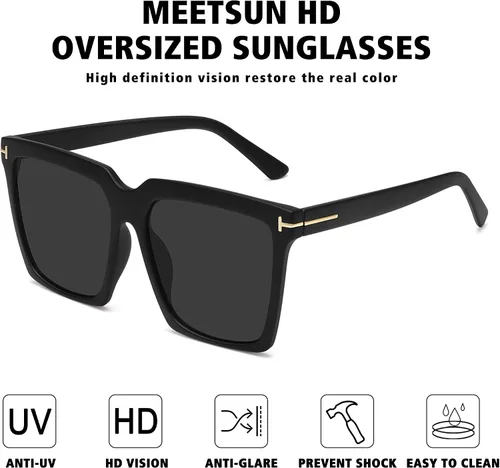 Vista 2 de MEETSUN Gafas de sol de gran tamaño para mujer, gafas de sol cuadradas vintage con protección UV400