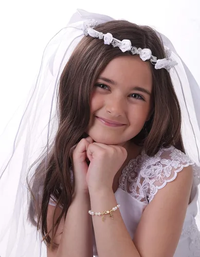 Vista 3 de Pulsera yo collar para niños chapado en oro de 14 quilates con perlas cultivadas y colgante de cruz para bautismo, bautizo o primera comunión regalo