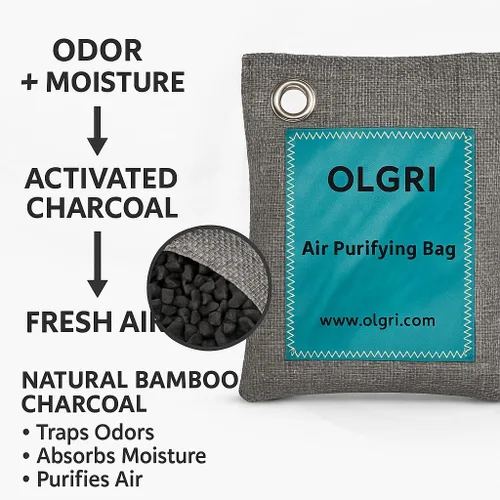 Vista 2 de OLGRI - Bolsas purificadoras de aire de carbón – Absorbente de olores natural para automóviles, baños, armarios, zapatos y mascotas – Paquete de 4