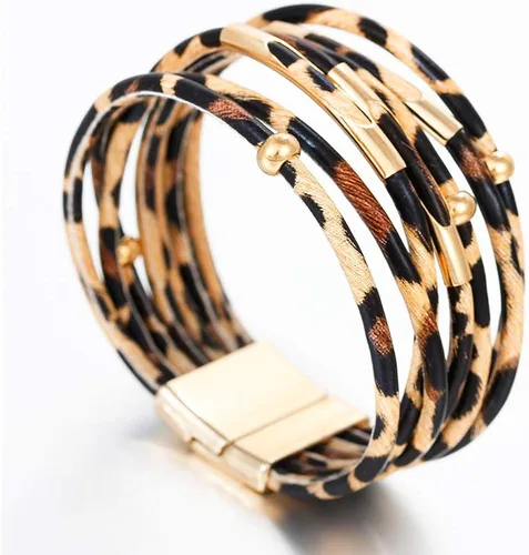Vista 2 de Fesciory Pulsera de leopardo para mujer, pulsera de cuero bohemio multicapa con perlas de cristal