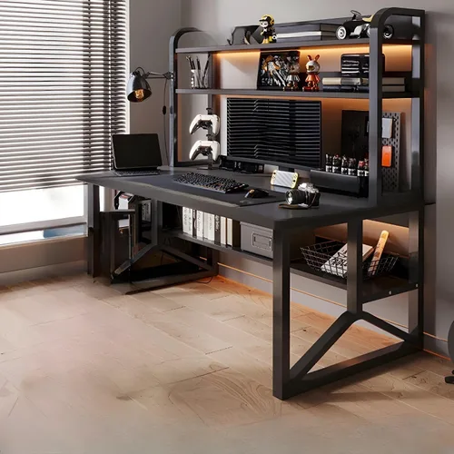 Vista 5 de LITFAD Escritorio rectangular de madera para oficina, moderno escritorio para computadora con marco de metal y estantería para oficina en casa, 1