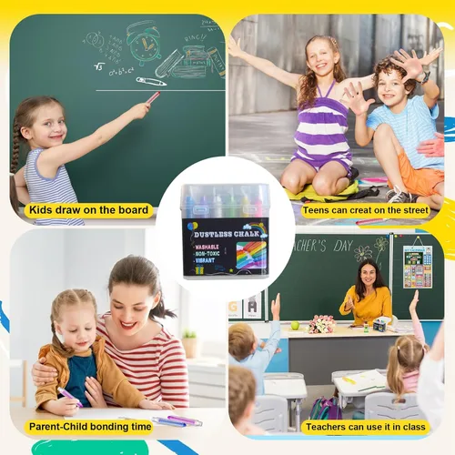 Vista 7 de Juego de tizas sin polvo para niños, 12 tizas con soporte giratorio+12 recambios + borrador de toallitas húmedas, pizarra lavable no tóxica