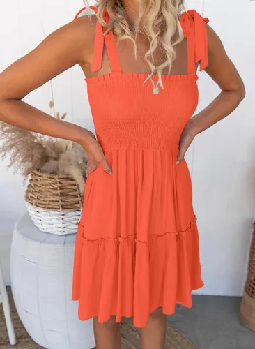 Vista 2 de MUXERI Women's Bohemian Solid Color Spaghetti Straps Shirred Square Neck Swing A Line Beach Mini Dress