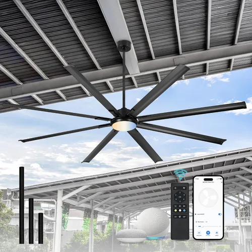 Vista 15 de Ventilador de techo industrial de 72 pulgadas sin luz, modelo negro mate para exteriores para áreas cubiertas, 8 cuchillas de aluminio, flujo