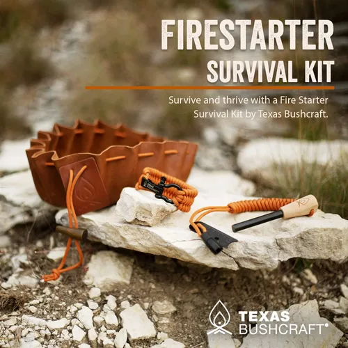 Vista 2 de Kit de supervivencia con iniciador de fuego Texas Bushcraft - Barra de hierro y pedernal de acero, herramienta con golpeador Bolsa de yesca