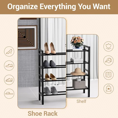 Vista 11 de Zapatero de bambú organizador de zapatos de pie libre, negro, 4 niveles Marrón