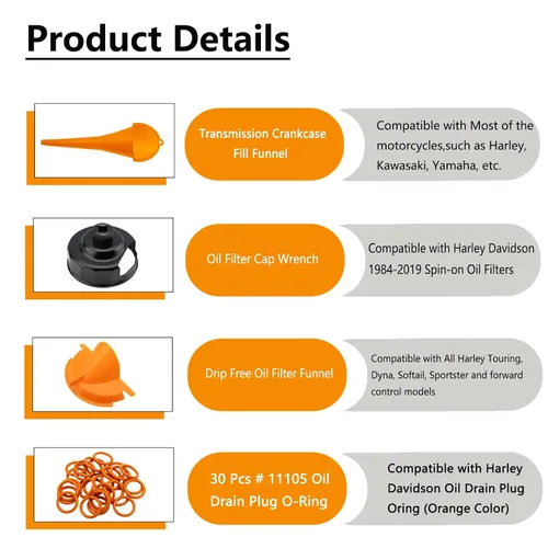 Vista 4 de Kit de cambio de aceite compatible con Harley, llave de tapa de filtro, herramienta de llenado de cárter, embudo de aceite de caja primaria