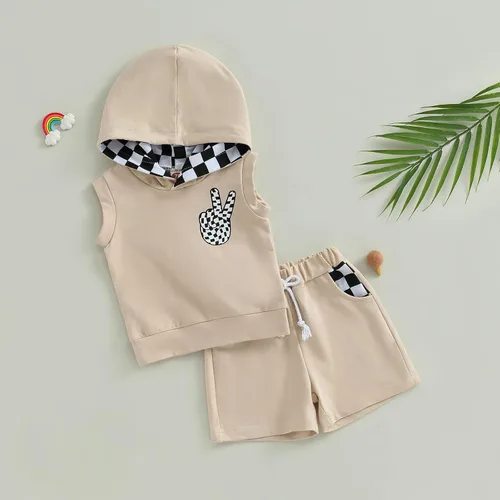 Vista 2 de Conjunto de ropa de verano para bebé niño y niño, diseño a cuadros, manga corta, sudadera con capucha y pantalones cortos casuales