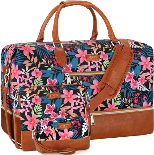 Vista 18 de Bolsa de fin de semana para mujer, bolsa de viaje de nailon, con compartimento para zapatos, tamaño grande 1-beige