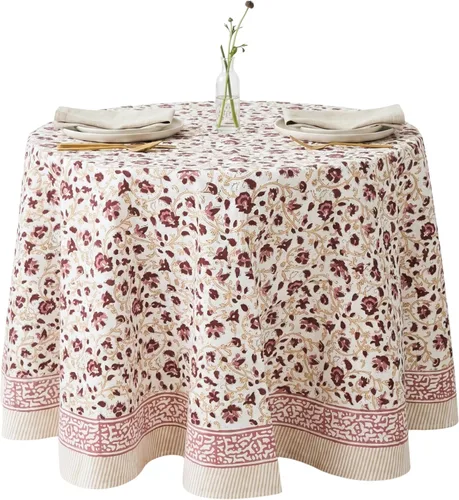 Vista 43 de ATOSII Amalfi - Mantel redondo de verano 100% algodón, estampado en bloques, para comedor, bodas, exteriores, fiestas, I Grand Millenial Farmhouse
