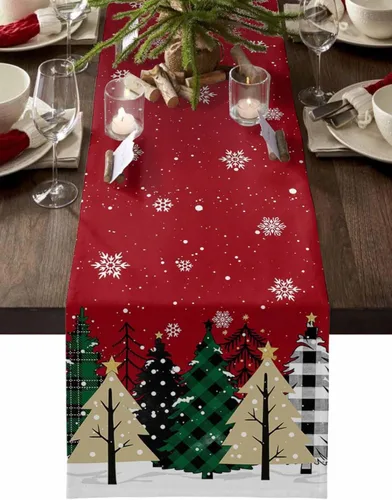 Vista 9 de Juego de 4 manteles individuales de árbol de Navidad, mantel rojo para decoración de mesa de comedor, manteles lavables de lino de algodón a cuadros