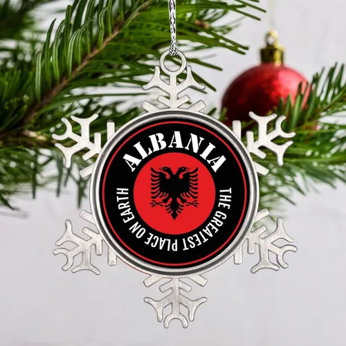 Vista 2 de Adornos de copo de nieve de Albania, adornos para árboles de Navidad, bandera de recuerdo de ciudad, adornos de Navidad personalizados, colgante