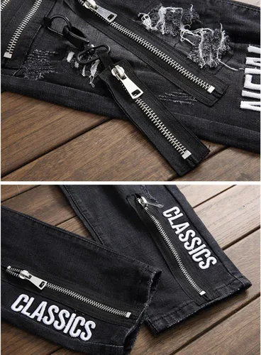 Vista 4 de Cremalleras para hombre con letras bordadas negro elástico Denim Jeans Agujeros de moda rasgados desgastados Pantalones delgados Pantalones