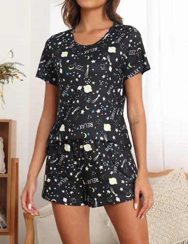 Vista 2 de Ekouaer Paquete de 2 conjuntos de pijama para mujer, camisetas de manga corta con pantalones cortos, cómodos pijamas casuales con bolsillos