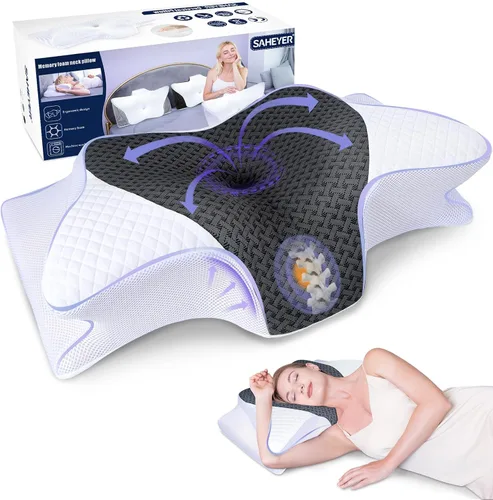 Vista 9 de SAHEYER Almohada cervical para el cuello, almohada de espuma viscoelástica para aliviar el dolor de cuello y ronquidos, almohada ergonómica