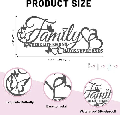 Vista 4 de Family Where Life Begins Love Never Ends Word - Decoración de pared de metal negro con corazón de mariposas, escultura colgante de letras de hierro