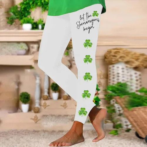 Vista 3 de Leggings para el día de San Patricio para mujer, pantalones verdes de trébol, ajustados, con control de abdomen, pantalones de yoga irlandeses