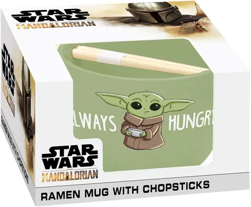 Vista 2 de ICUP Star Wars Mandalorian The Child Always Hungry - Taza de ramen con palillos