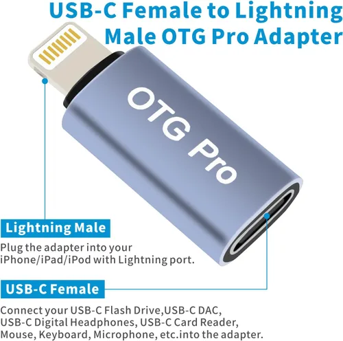 Vista 2 de Meenova Adaptador USB C a Lightning OTG para USB-C DAC, corriente grande de hasta 400mA/5V, compatible con iPhone, iPad, iPod con soporte