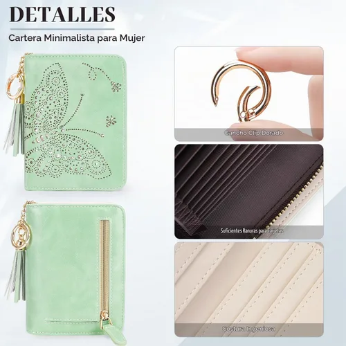 Vista 5 de KITEVIUN Cartera RFID delgada para mujer con doble pliegue, tarjetero con cremallera y monedero, cartera ultradelgada compacta con ventana