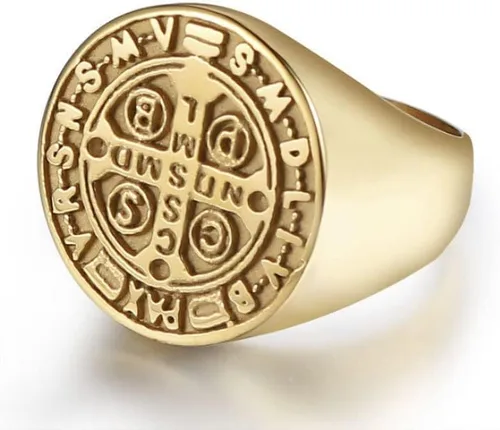 Vista 4 de pickyegg.com Anillo de medalla de exorcismo católico de San Benito, protección de demonios de acero inoxidable y oro