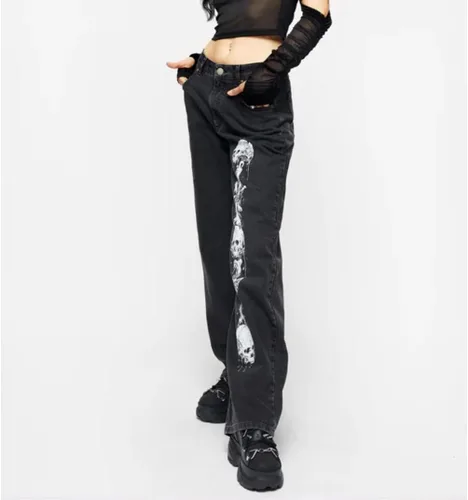 Vista 3 de HOXIJIA Pantalones de mezclilla de pierna ancha de cintura alta para mujer, con estampado Y2K, holgados, dobladillo acampanado, pantalones elásticos