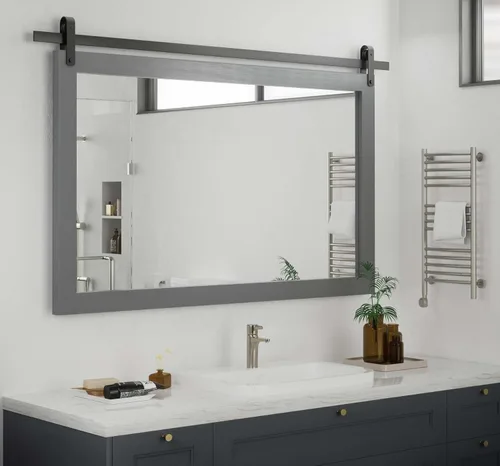 Vista 17 de Espejo Negro de Granja para Pared, Espejos Cuadrados de Baño con Marco de Madera de 18x26 Pulgadas para Tocador, Espejos Estilo Puerta de Granero