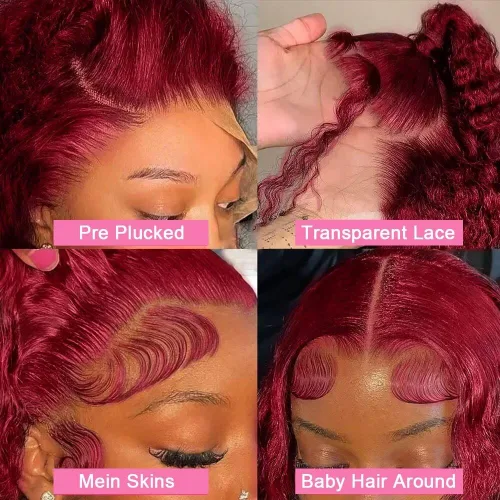 Vista 6 de Pelucas de cabello humano con encaje frontal de 13 x 6 pulgadas, color borgoña 99j