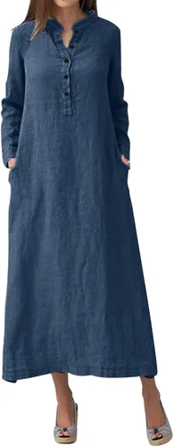 Vista 7 de Vestido de manga larga para mujer, casual, de algodón, lino, con botones, maxivestidos tipo caftán, blanco y azul