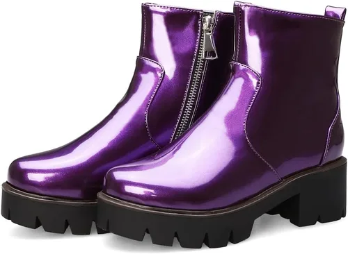 Vista 2 de Botines elegantes de moda para mujer, de charol con punta redonda, con cremallera, tacón medio grueso