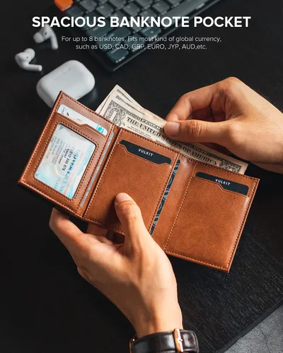 Vista 4 de VULKIT Cartera con bolsillo para monedas, cierre magnético, con ventana de identificación, billetera de cuero para efectivo y tarjetas de crédito