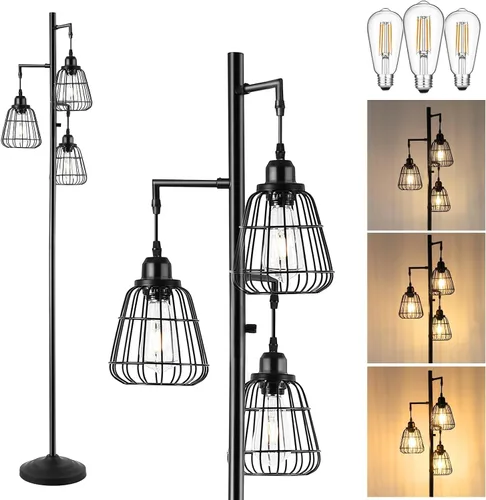 Vista 8 de 9MMML Lámpara de pie dorada regulable, lámpara de pie alta industrial dorada para sala de estar, dormitorio, oficina, pantalla de 3 jaulas
