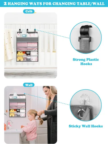Vista 4 de Organizador de pañales colgante PHOTOONE para cuna – Organizador espacioso para guardería de bebé niña/niño para mesa de cambio, corralito/pared