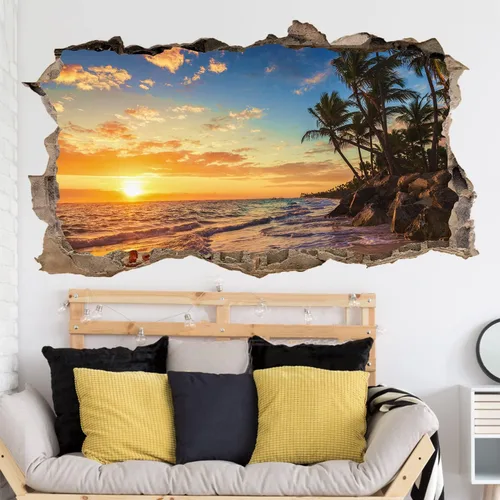Vista 9 de Adhesivo de pared de playa 3D falso para ventanas, calcomanías de pared de paisaje marino de playa, calcomanías extraíbles 3D para paredes de Blue