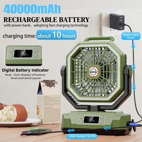 Vista 2 de Sireck Ventilador de camping recargable portátil de 10.8 pulgadas, verde Funciona con batería de 40000 mAh, luz LED, pantalla digital