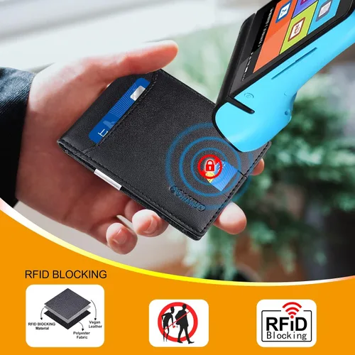 Vista 5 de COANJIUO Billetera para hombre delgada y plegable con bloqueo RFID, billetera minimalista con bolsillo frontal con 8 ranuras para tarjetas (negro)